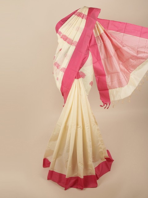 

Pothys Cream-Coloured & Pink Ethnic Motifs Silk Cotton Saree
