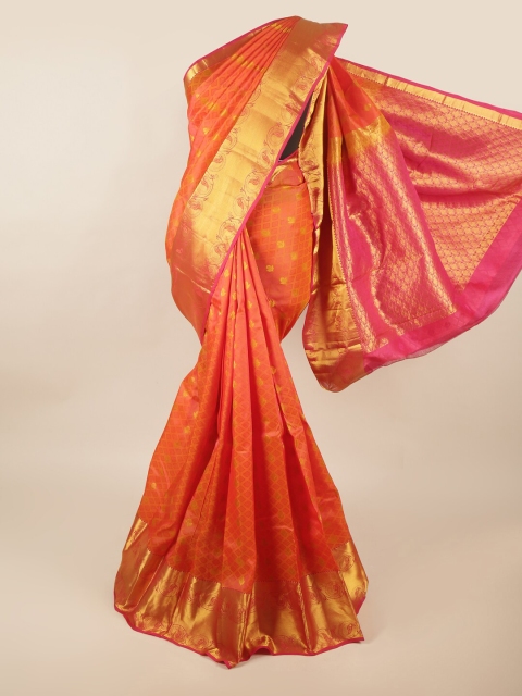 

Pothys Orange & Fuchsia Ethnic Motifs Zari Pure Silk Saree