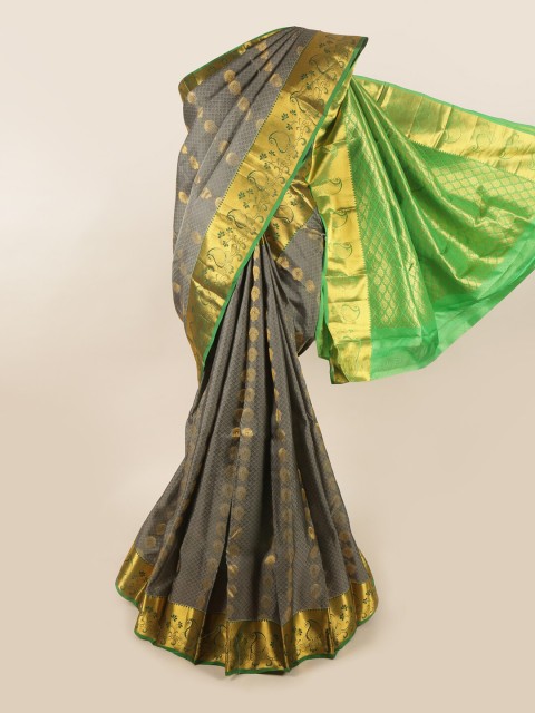 

Pothys Grey & Green Floral Zari Pure Silk Saree