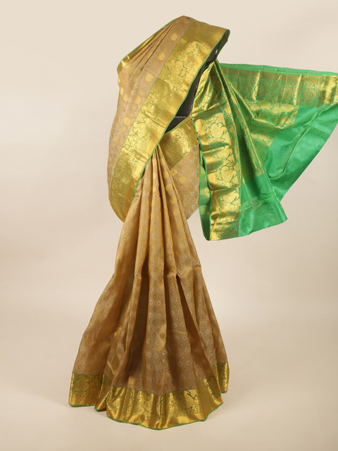 

Pothys Gold-Coloured & Green Ethnic Motifs Zari Pure Silk Saree