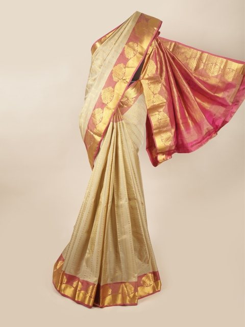 

Pothys Cream-Coloured & Pink Woven Design Zari Pure Silk Saree