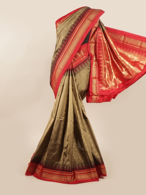 

Pothys Khaki & Orange Ethnic Motifs Zari Pure Silk Saree