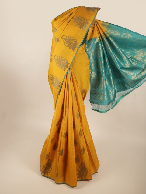 

Pothys Mustard Yellow & Green Ethnic Motifs Zari Pure Silk Saree