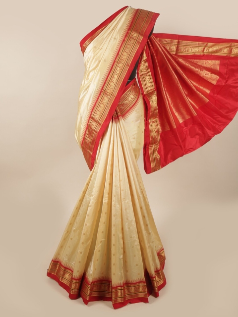 

Pothys Cream-Coloured & Red Ethnic Motifs Zari Pure Silk Saree