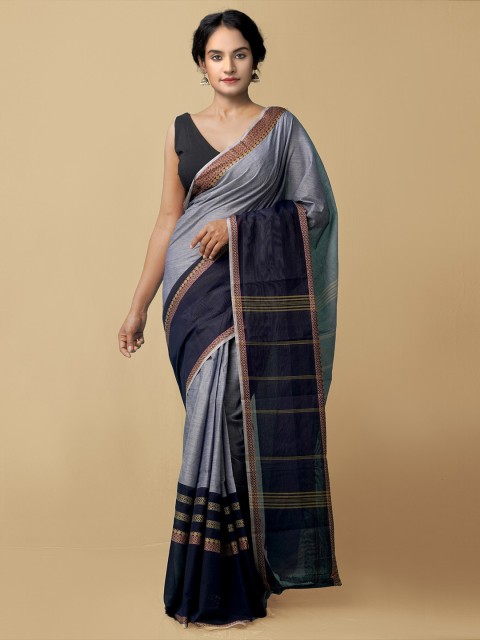 

Unnati Silks Grey & Brown Striped Zari Pure Cotton Kanjeevaram Saree
