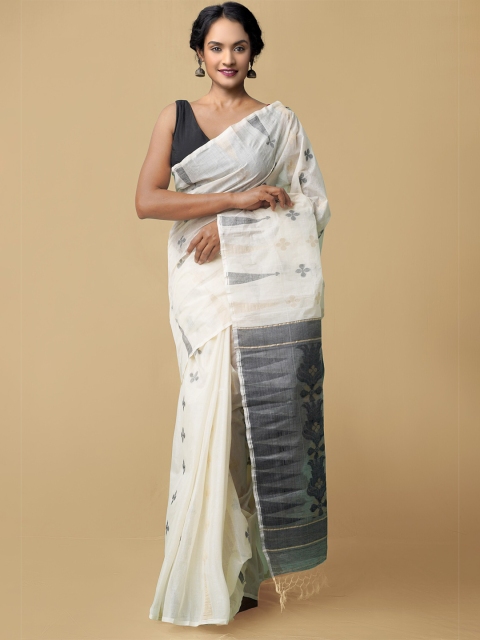 

Unnati Silks Cream-Coloured & Black Woven Design Pure Silk Jamdani Saree