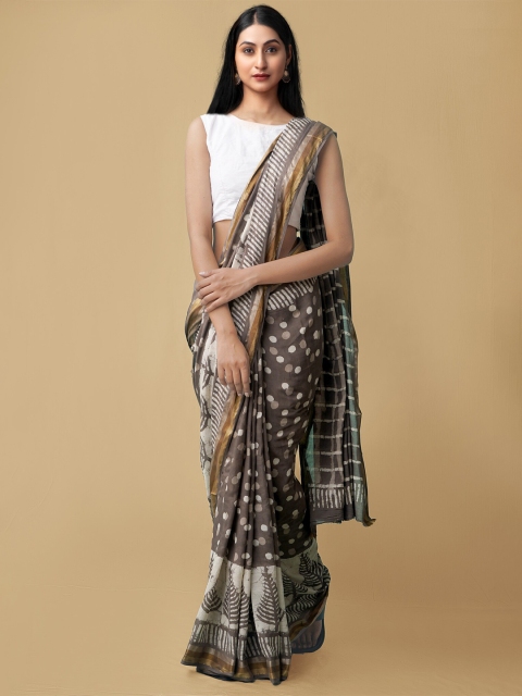 

Unnati Silks Grey & White Dabu Mulmul Pure Cotton Saree