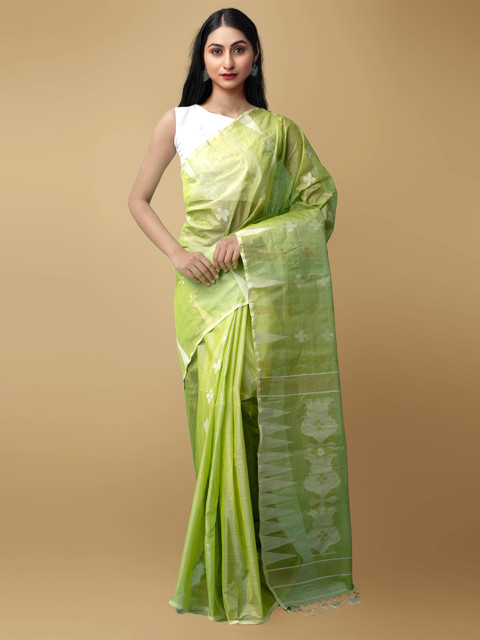 

Unnati Silks Green & Cream-Coloured Ethnic Motifs Handloom Pure Silk Jamdani Saree