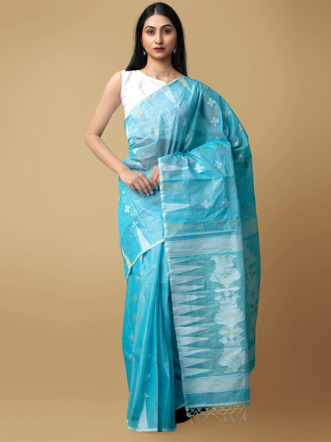 

Unnati Silks Blue & Silver-Toned Ethnic Motifs Pure Silk Jamdani Saree