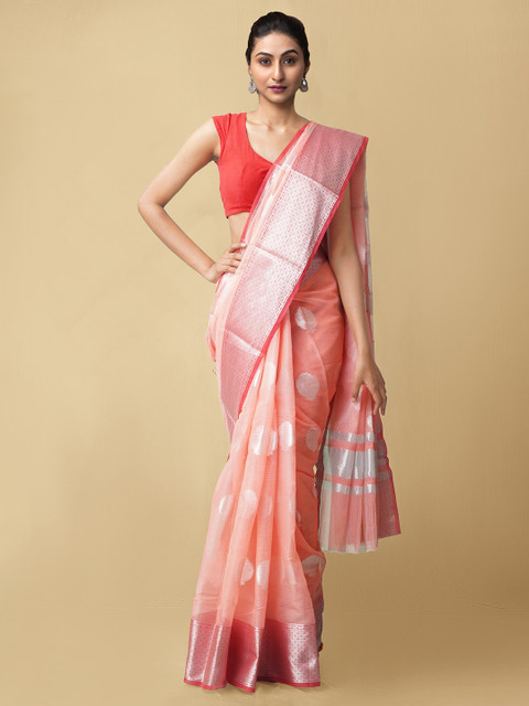 

Unnati Silks Peach-Coloured Ethnic Motifs Zari Silk Cotton Kota Banarasi Saree