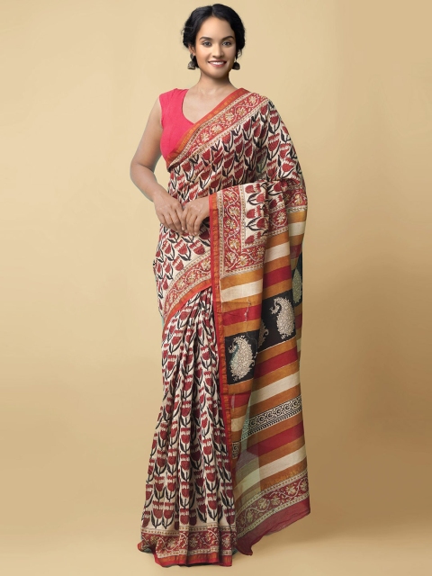 

Unnati Silks Beige & Maroon Preet Bagru Chanderi Silk Cotton Saree