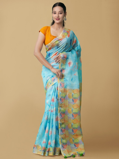 

Unnati Silks Blue & Orange Zari Linen Blend Jamdani Saree