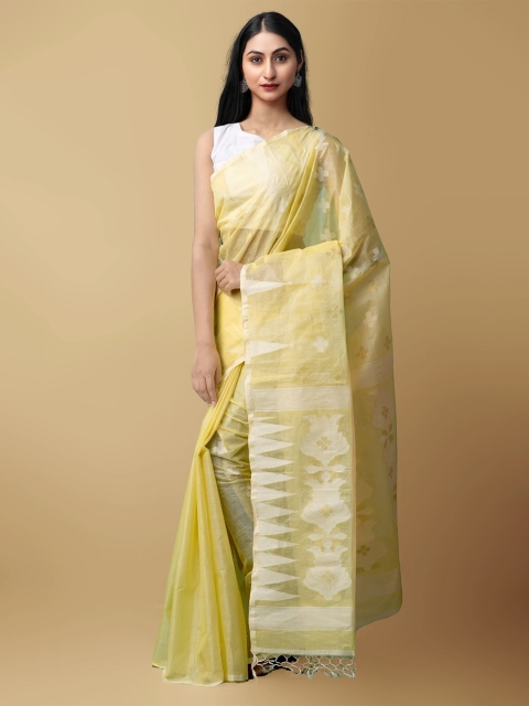 

Unnati Silks Yellow & Cream-Coloured Floral Pure Silk Jamdani Saree