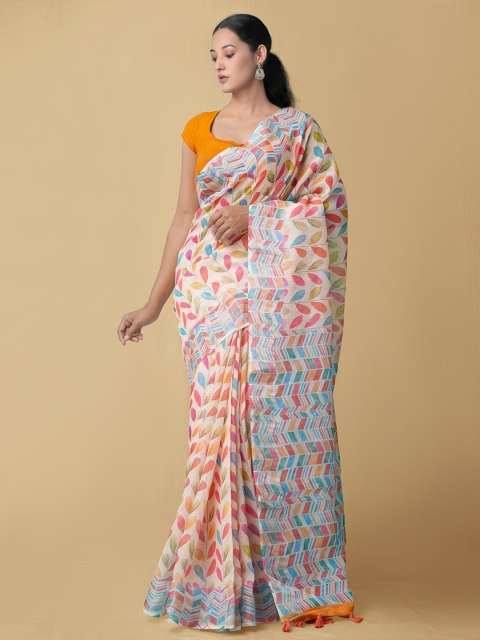 

Unnati Silks Beige & Orange Floral Zari Linen Blend Jamdani Saree