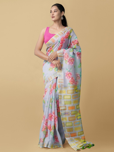 

Unnati Silks Blue & Pink Floral Printed Linen Saree