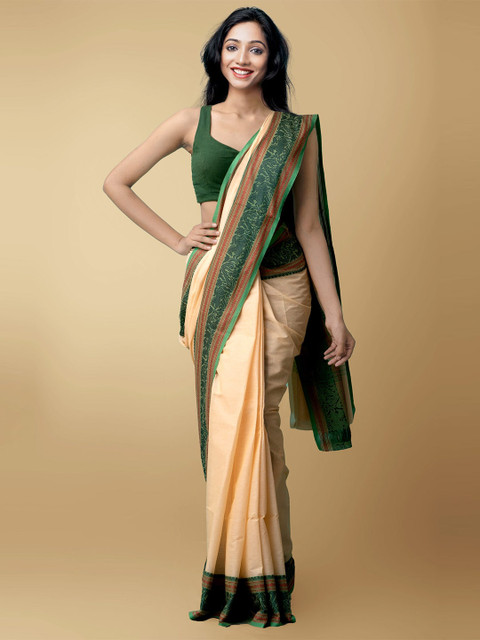 

Unnati Silks Cream-Coloured & Green Pure Cotton Handloom Chettinad Saree