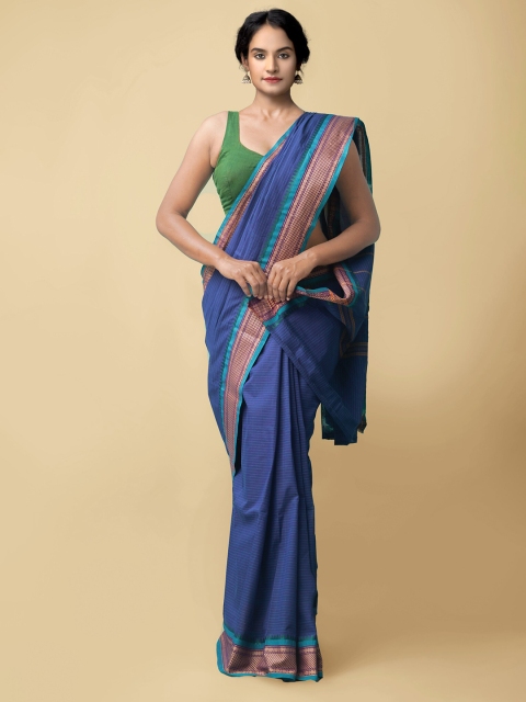 

Unnati Silks Blue & Purple Striped Pure Cotton Kanjeevaram Saree