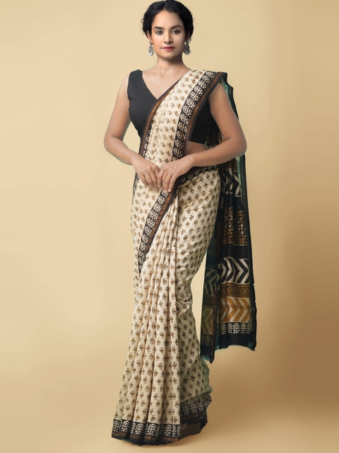 

Unnati Silks Beige Ethnic Motifs Silk Cotton Chanderi Saree
