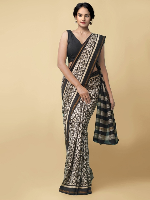 

Unnati Silks Black & Tan Tie and Dye Silk Cotton Chanderi Saree