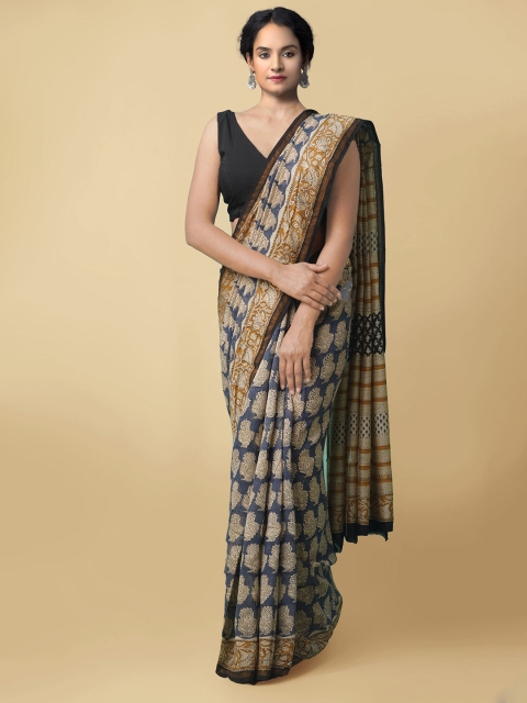 

Unnati Silks Blue & Beige Ethnic Motifs Zari Silk Cotton Chanderi Saree