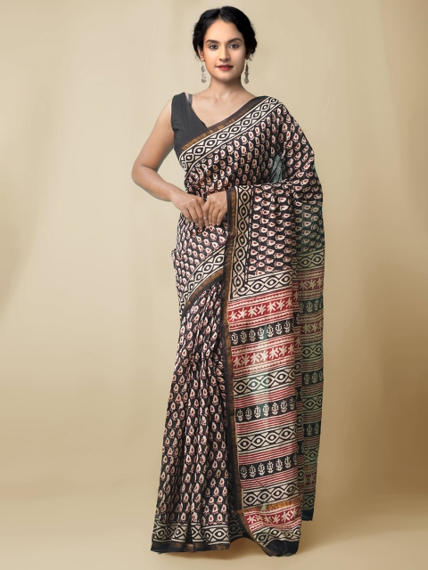

Unnati Silks Black & Grey Woven Design Silk Cotton Chanderi Saree