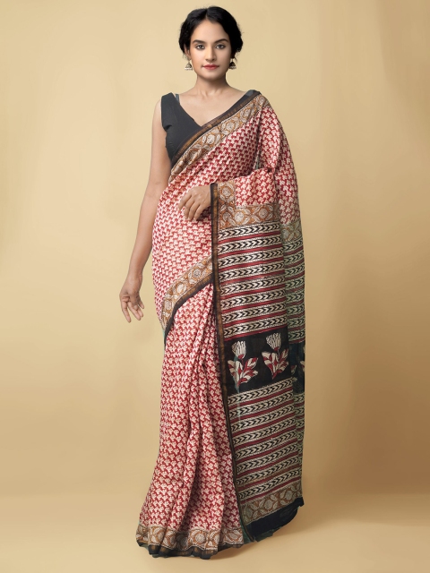 

Unnati Silks Red & Black Bagru Chanderi Silk Cotton Saree