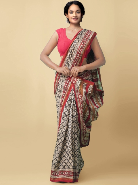 

Unnati Silks Beige & Black Ethnic Motifs Zari Silk Cotton Chanderi Saree