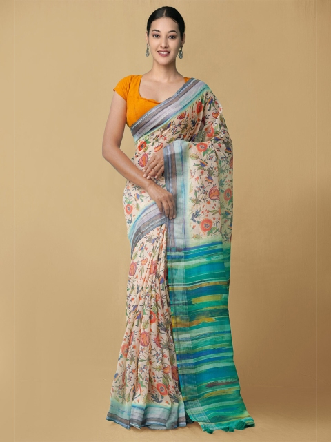 

Unnati Silks Beige & Blue Floral Zari Linen Blend Saree