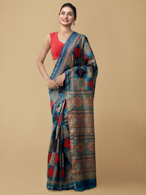 

Unnati Silks Blue & Red Woven Design Silk Cotton Chanderi Saree