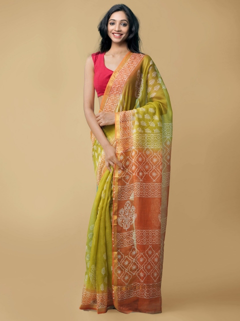 

Unnati Silks Green & Orange Ethnic Motifs Zari Pure Cotton Kota Saree