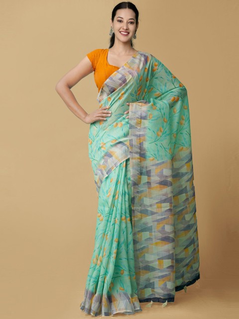 

Unnati Silks Green & Purple Digital Printed Zari Linen Blend Jamdani Saree