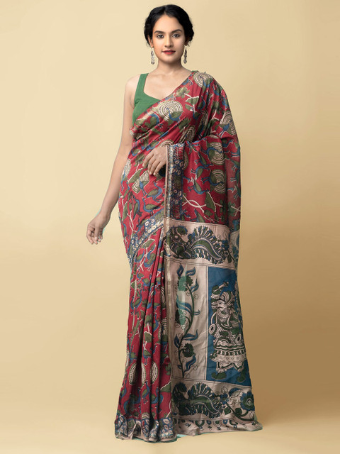 

Unnati Silks Red & Blue Kalamkari Silk Cotton Chanderi Saree