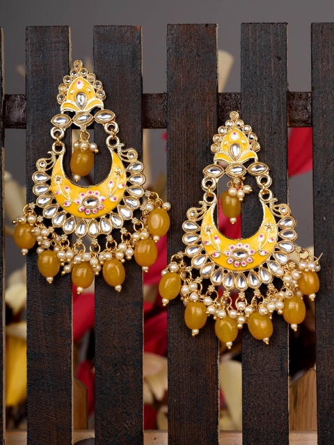 

Saraf RS Jewellery Yellow Crescent Shaped Meenakari Pearls and Beads Chandbalis Earrings