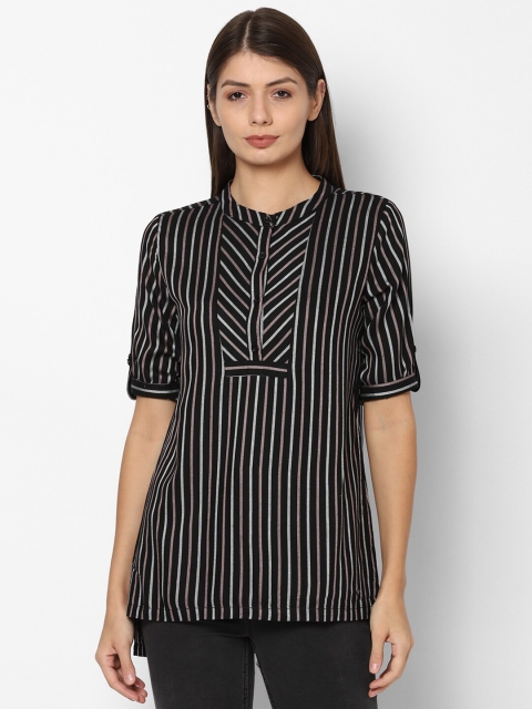 

Allen Solly Woman Black & White Striped Mandarin Collar Roll-Up Sleeves Cotton Top