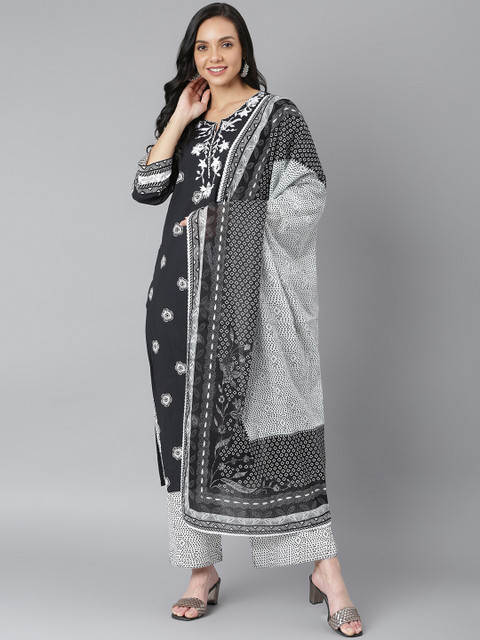 

QOMN Women Black & Grey Floral Embroidered Pure Cotton Kurta with Palazzos & Dupatta