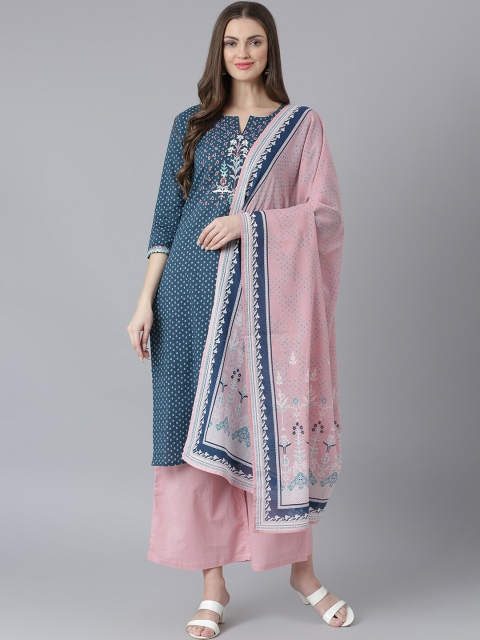 

QOMN Women Pink Ethnic Motifs Embroidered Layered Thread Work Pure Cotton Kurta with Palazzos & With Dupatta