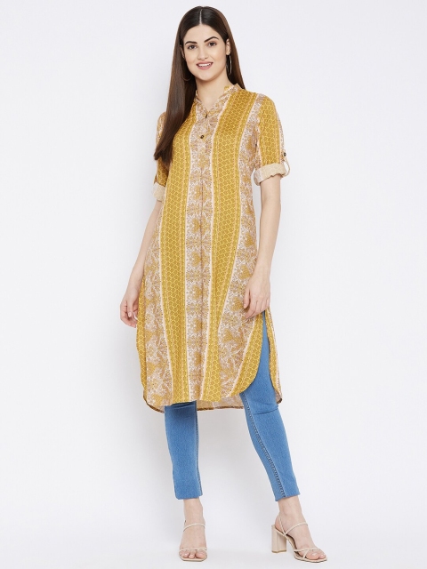

Ruhaans Mustard & Off White Viscose Rayon Mandarin Collar Printed Tunic