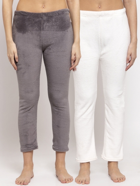 

NEUDIS Women Pack Of 2 White & Grey Solid Fleece Lounge Pants