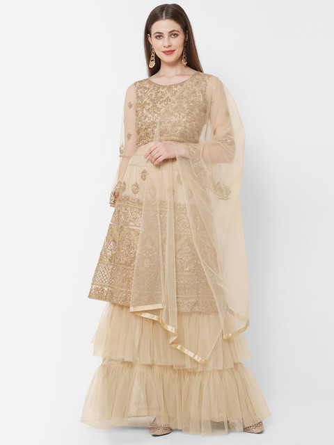 

RedRound Brown Embroidered Semi-Stitched Lehenga & Unstitched Blouse With Dupatta