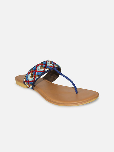 

WALK N STYLE COLLECTION Women Blue Printed Leather Ethnic T-Strap Flats with Embroidered
