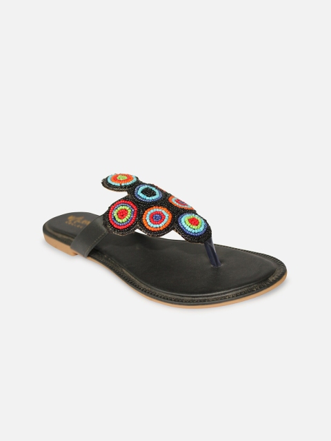 

WALK N STYLE COLLECTION Women Black Embellished Leather Ethnic Open Toe Flats