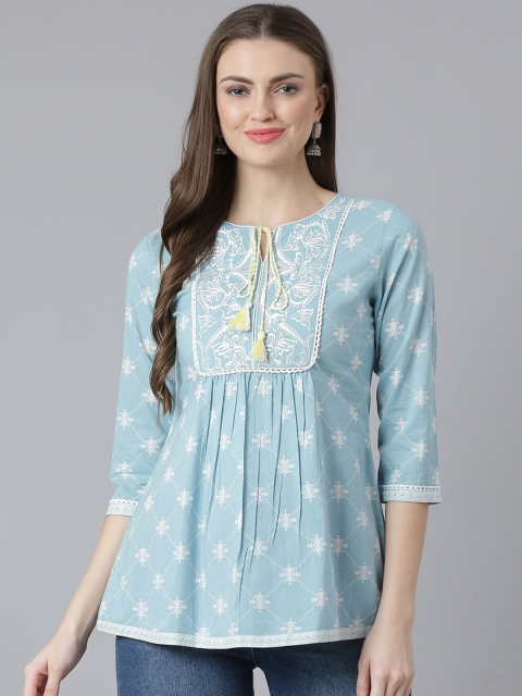 

QOMN Blue & Off White Tie-Up Neck Empire Top