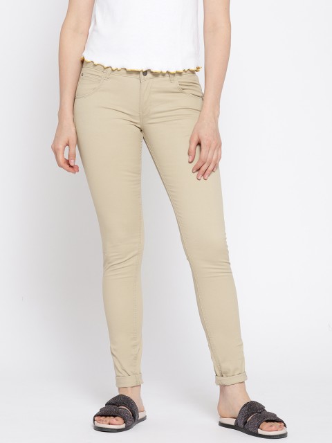 

AND Women Beige Solid Slim Fit Flat-Front Trousers