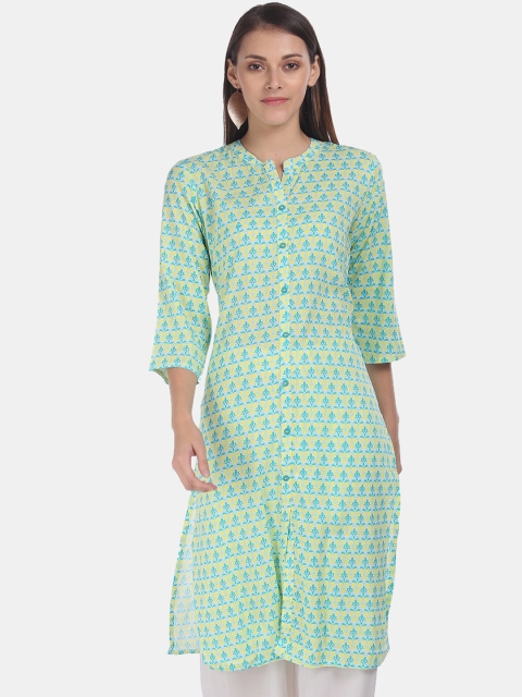 

Karigari Women Sea Green & Yellow Ethnic Motifs Printed Kurta