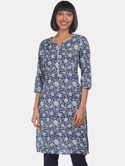 

Karigari Women Blue & White Floral Printed Kurta