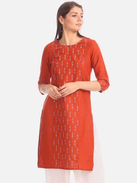 

Karigari Women Orange Printed Panel Round Neck Kurta