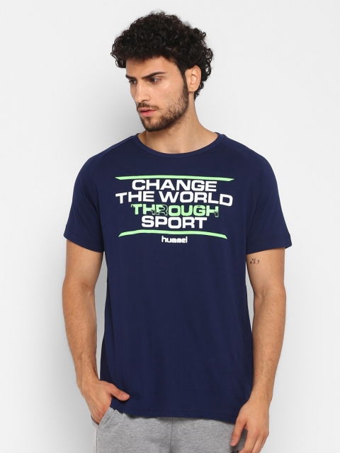 

hummel Men Navy Blue Typography Printed Pure Cotton T-shirt