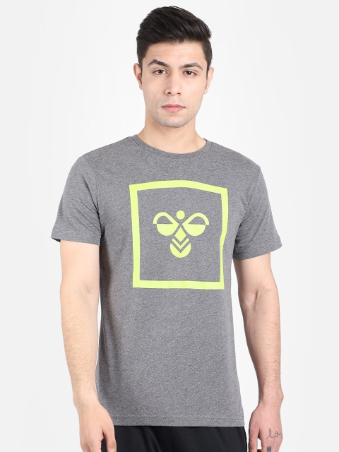 

hummel Men Grey & Yellow Printed Pure Cotton T-shirt