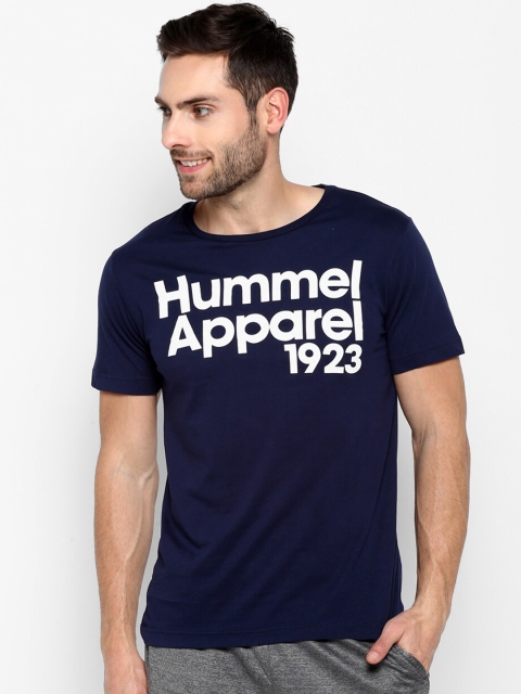

hummel Men Navy Blue Typography Printed Pure Cotton Raw Edge T-shirt