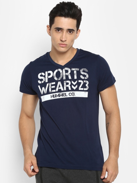 

hummel Men Navy Blue Typography Printed V-Neck Pure Cotton T-shirt